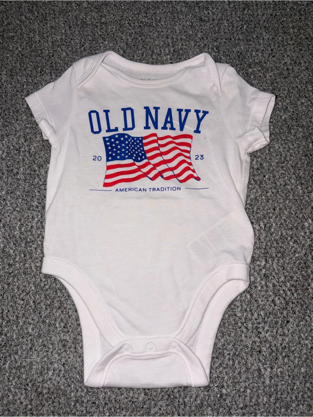 Old Navy White Baby One-Piece with Red and Blue Flag Graphic